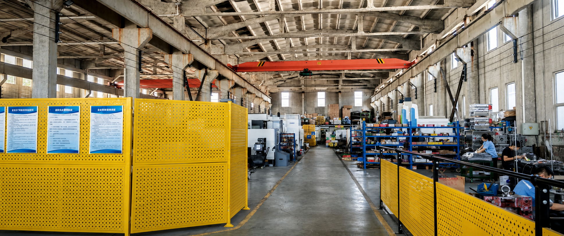 Manufacturing workshop floor with CNC machines, overhead crane and staff working at parts benches
